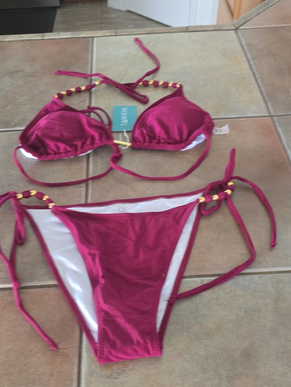 Two-Piece Swim Set with Gold Bead Accents Sz Lg Nwt